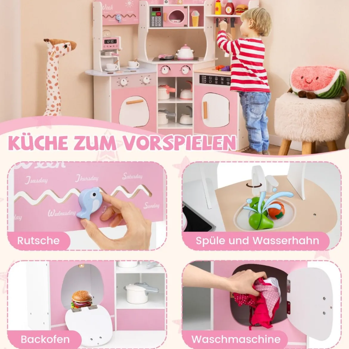 Holz Eck Spielküche mit Sound & Licht & Kaffeemaschine & Rutsche Kleinkind Küchen Spielset