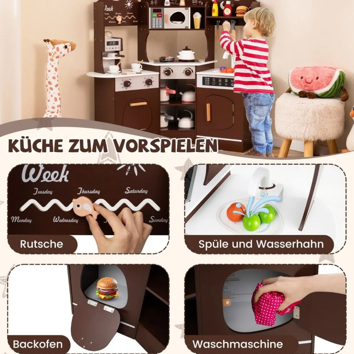 Holz Eck Spielküche mit Sound & Licht & Kaffeemaschine & Rutsche Kleinkind Küchen Spielset