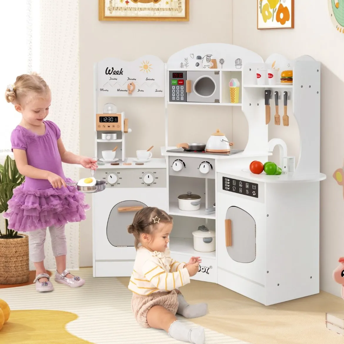 Holz Eck Spielküche mit Sound & Licht & Kaffeemaschine & Rutsche Kleinkind Küchen Spielset