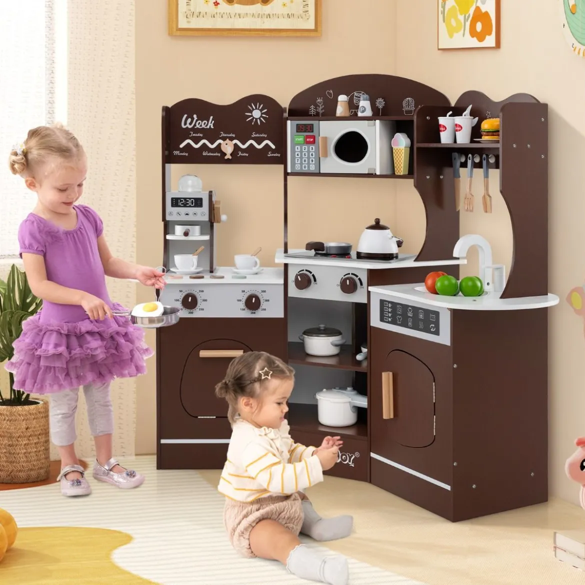 Holz Eck Spielküche mit Sound & Licht & Kaffeemaschine & Rutsche Kleinkind Küchen Spielset