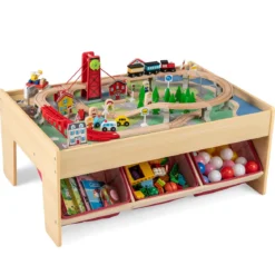 Holzeisenbahn-Set Tisch multifunktionaler Aktivitätentisch für Kinder mit 2 wendbaren Tischplatten Bunt