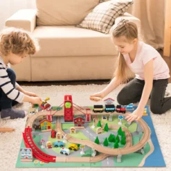 Holzeisenbahn-Set Tisch multifunktionaler Aktivitätentisch für Kinder mit 2 wendbaren Tischplatten Bunt