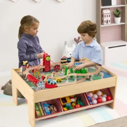Holzeisenbahn-Set Tisch multifunktionaler Aktivitätentisch für Kinder mit 2 wendbaren Tischplatten Bunt
