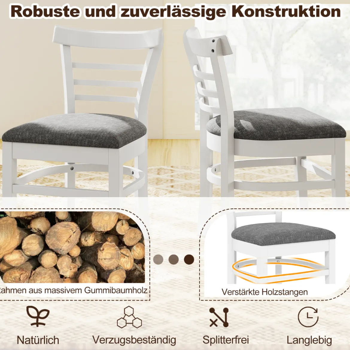 Holz-Esstischstuhlset 2 gepolsterte küchenstühle ohne Armlehnen mit Gummibaumholzbeinen Weiß