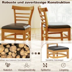 Holz-Esstischstuhlset 2 Kunstleder gepolsterte küchenstühle ohne Armlehnen mit Gummibaumholzbeinen Natur