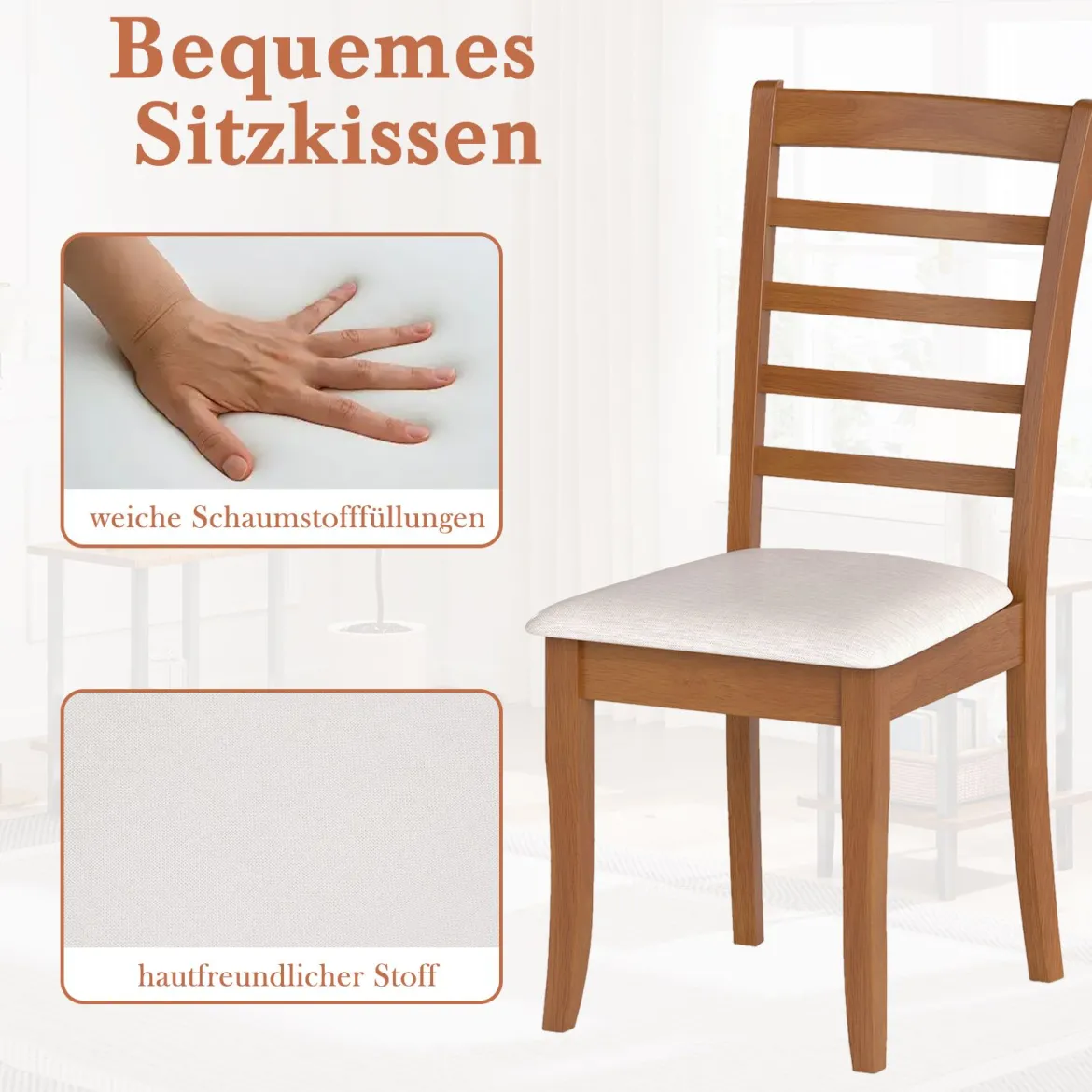 Holz-Esszimmerstuhl-Set aus 2 modern gepolsterter Küchenstuhl mit Gummibaumholz-Beinen Beige