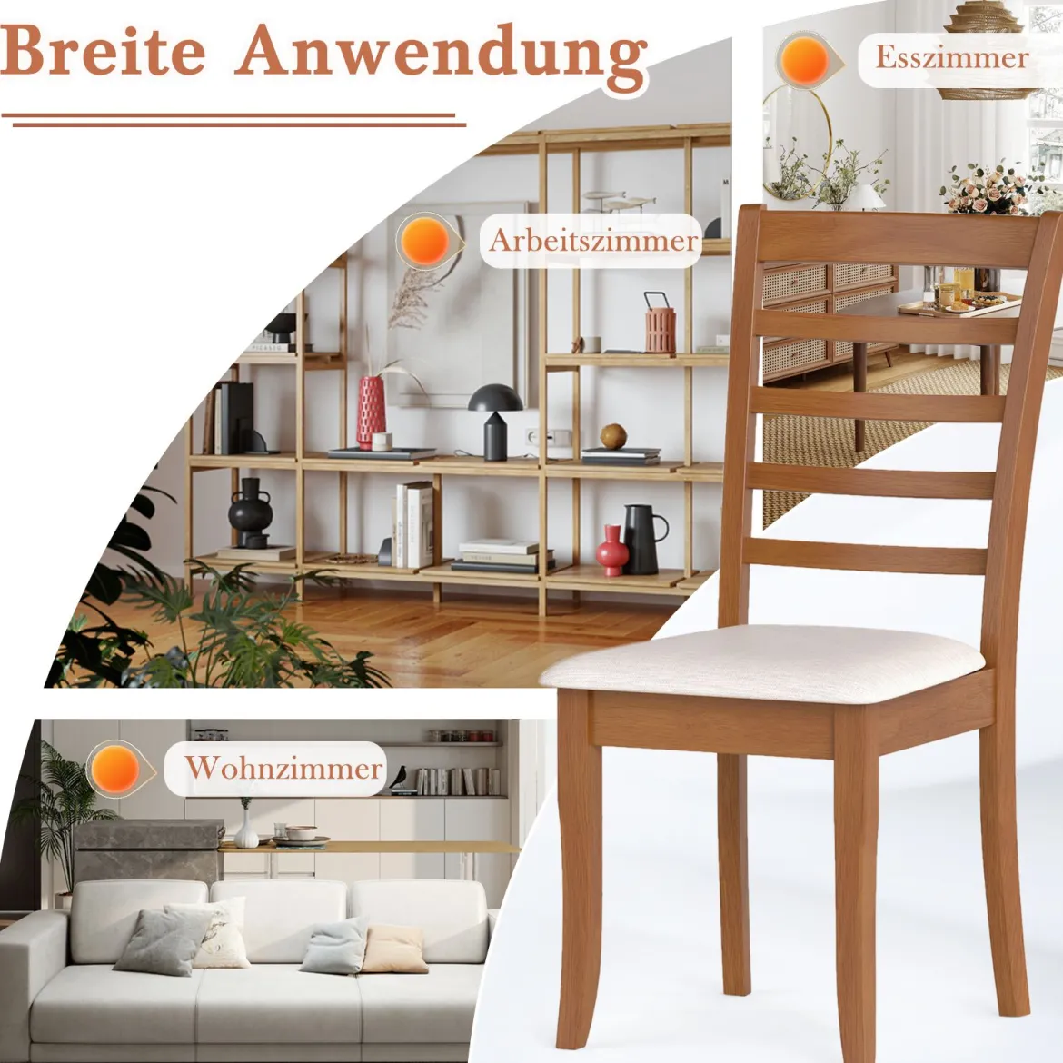 Holz-Esszimmerstuhl-Set aus 2 modern gepolsterter Küchenstuhl mit Gummibaumholz-Beinen Beige