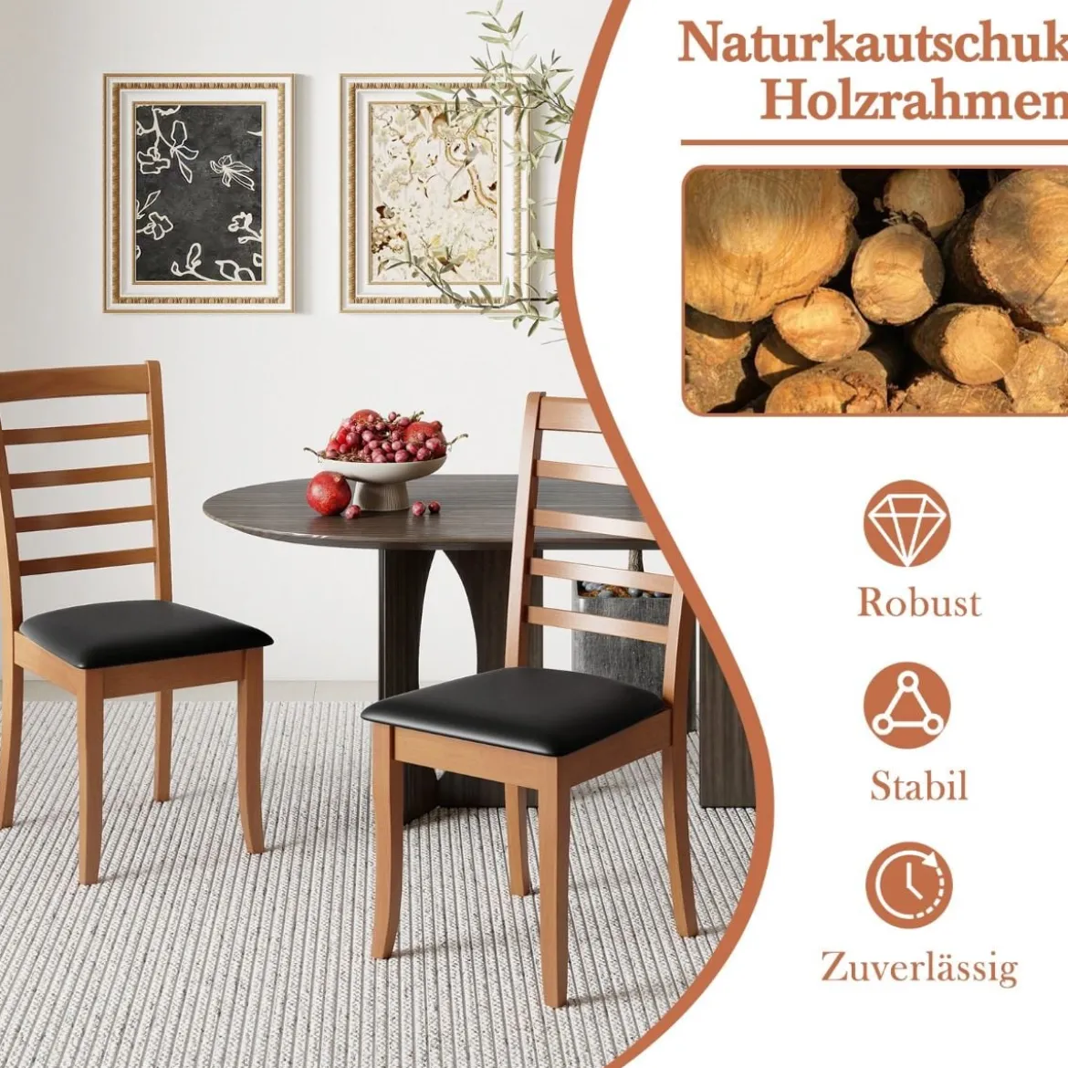 Holz-Esszimmerstuhl-Set aus 2 modern gepolsterter Küchenstuhl mit Gummibaumholz-Beinen Schwarz