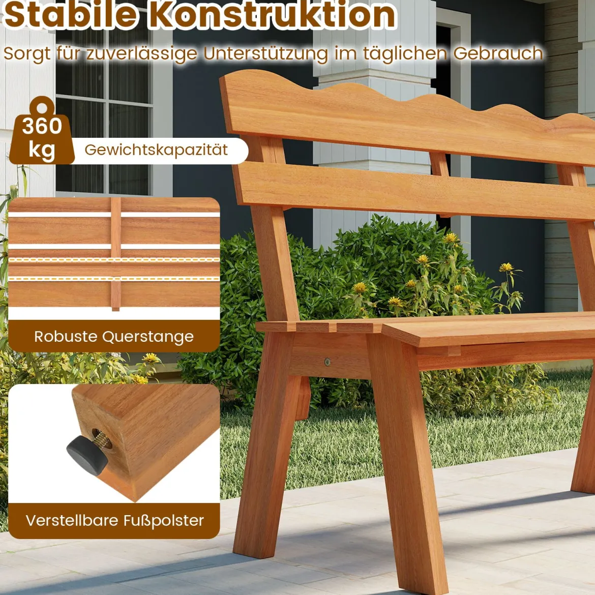 Holz Gartenbank aus Akazienholz bis 360 kg Belastbar 2-Sitzer Balkonbank Wetterfeste Holzbank