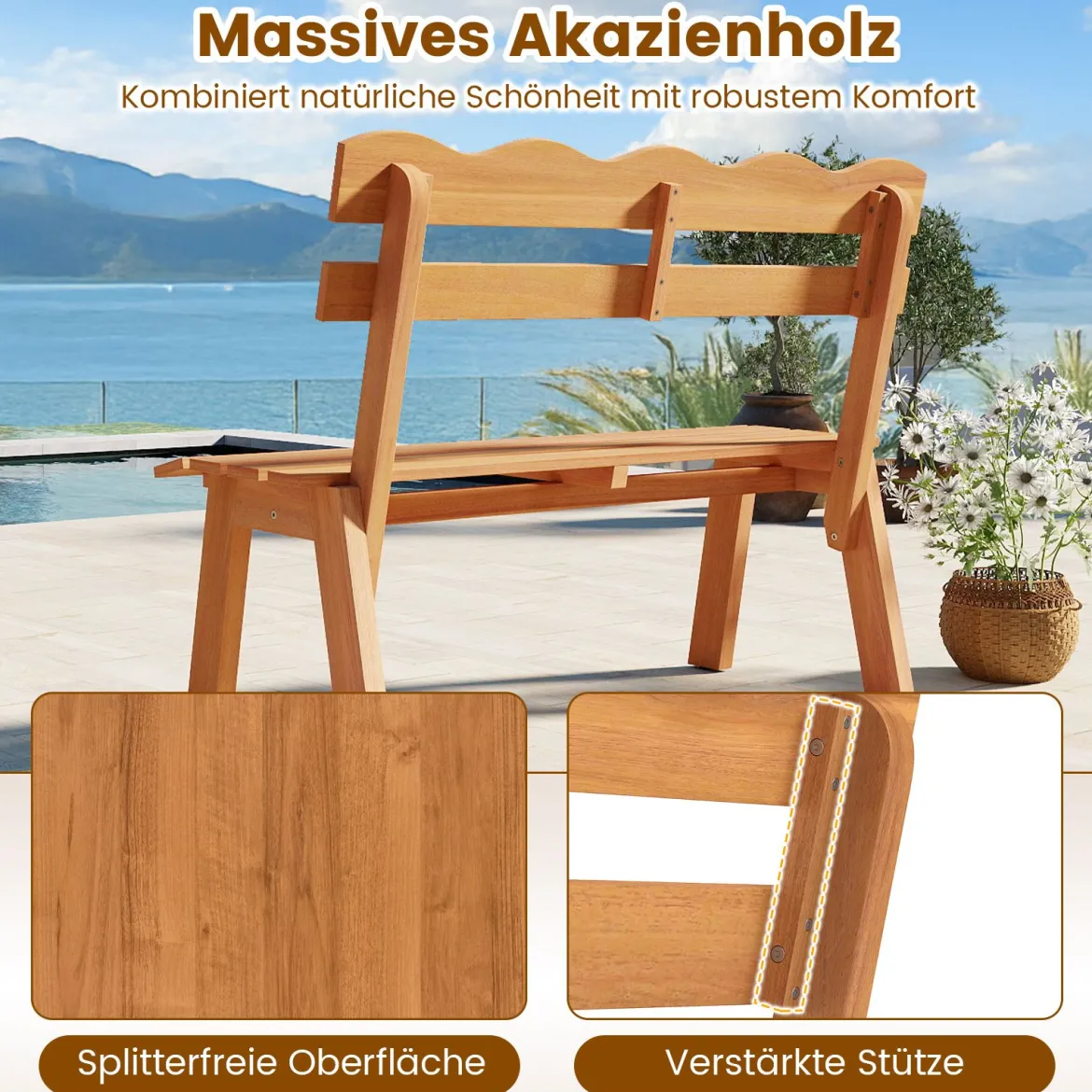 Holz Gartenbank aus Akazienholz bis 360 kg Belastbar 2-Sitzer Balkonbank Wetterfeste Holzbank