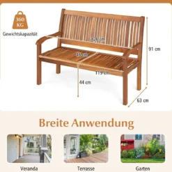 Holz Gartenbank für 2-3 Sitzer Holzbank bis 320 kg Belastbar Sitzbank Parkbank 126 x 63 x 91 cm