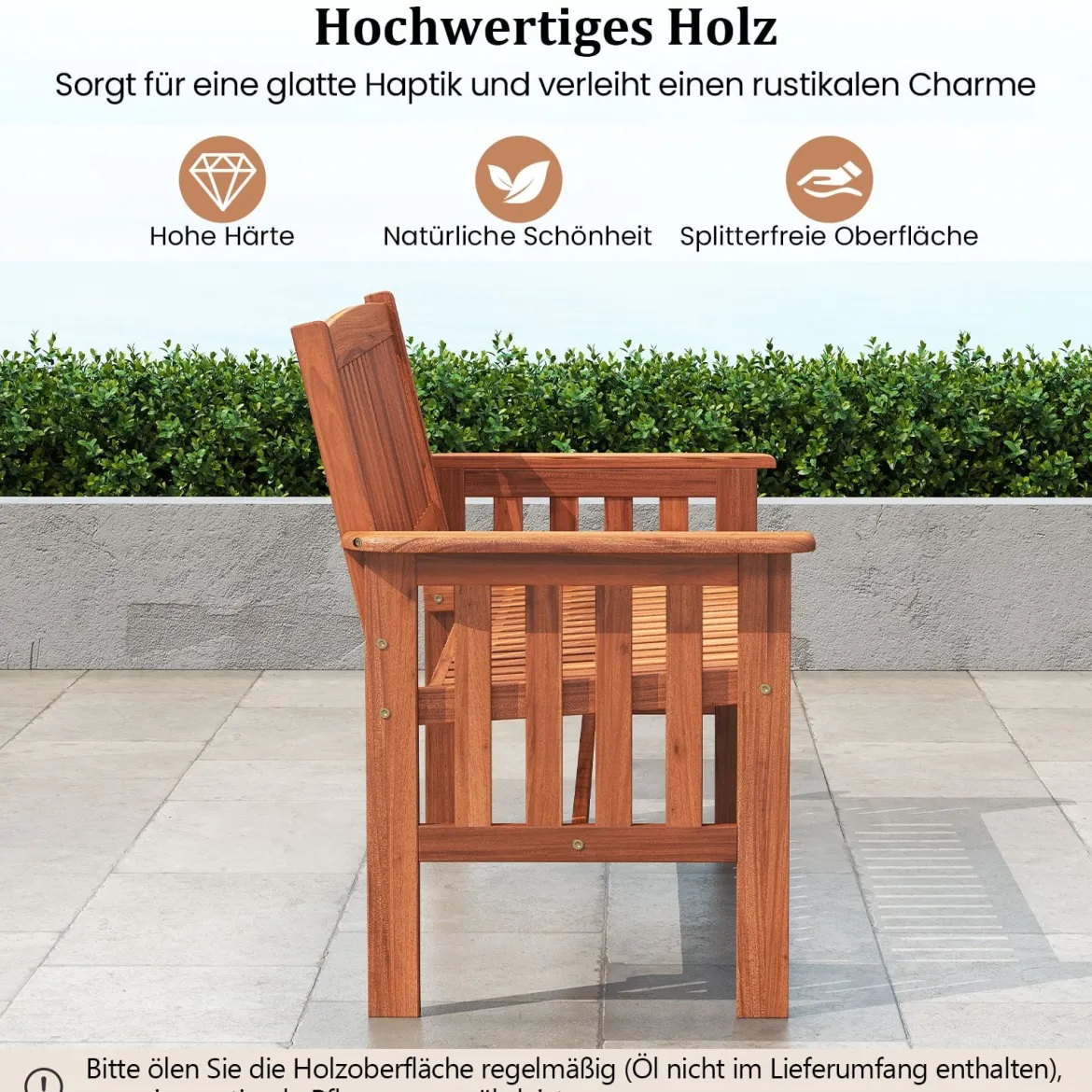Holz Gartenbank mit Armlehnen 2-Sitzer Sitzbank Wetterfeste Balkonbank Terrassenbank Natur