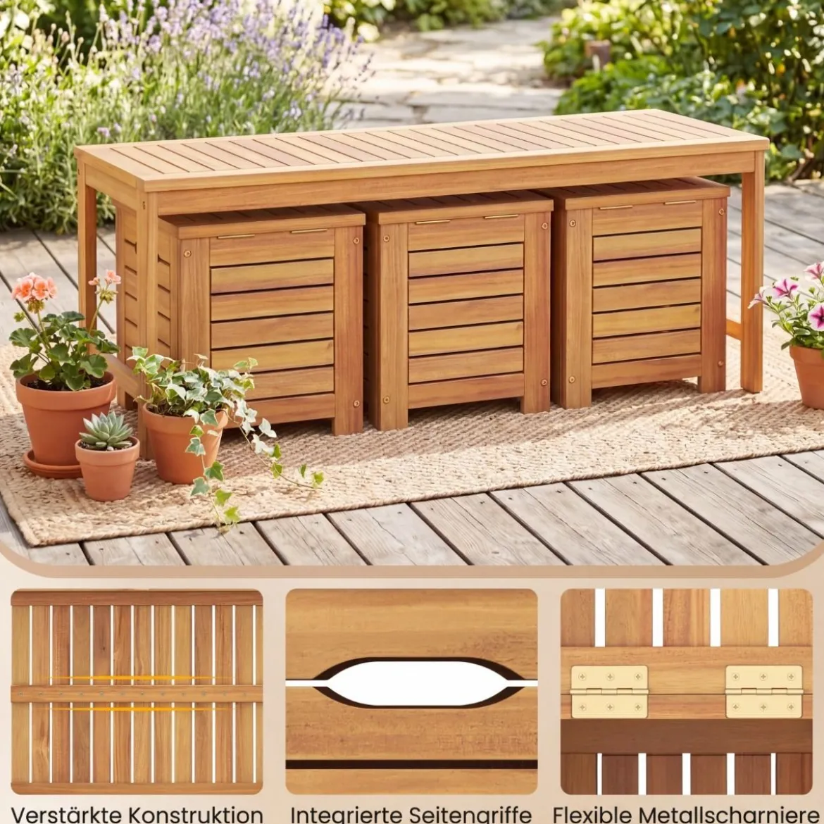 Holz Gartenbank mit 3 Aufbewahrungsboxen 2-Sitzer Balkonbank ohne Lehne Holzbank