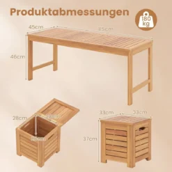 Holz Gartenbank mit 3 Aufbewahrungsboxen 2-Sitzer Balkonbank ohne Lehne Holzbank