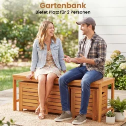 Holz Gartenbank mit 3 Aufbewahrungsboxen 2-Sitzer Balkonbank ohne Lehne Holzbank