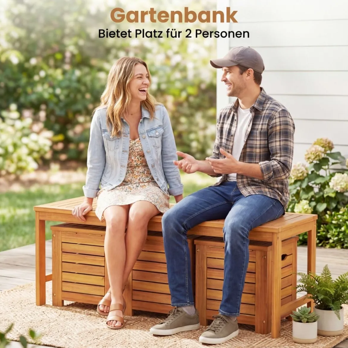 Holz Gartenbank mit 3 Aufbewahrungsboxen 2-Sitzer Balkonbank ohne Lehne Holzbank