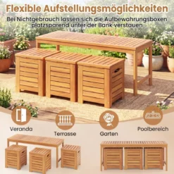 Holz Gartenbank mit 3 Aufbewahrungsboxen 2-Sitzer Balkonbank ohne Lehne Holzbank