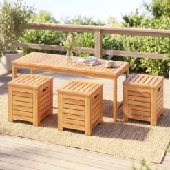 Holz Gartenbank mit 3 Aufbewahrungsboxen 2-Sitzer Balkonbank ohne Lehne Holzbank
