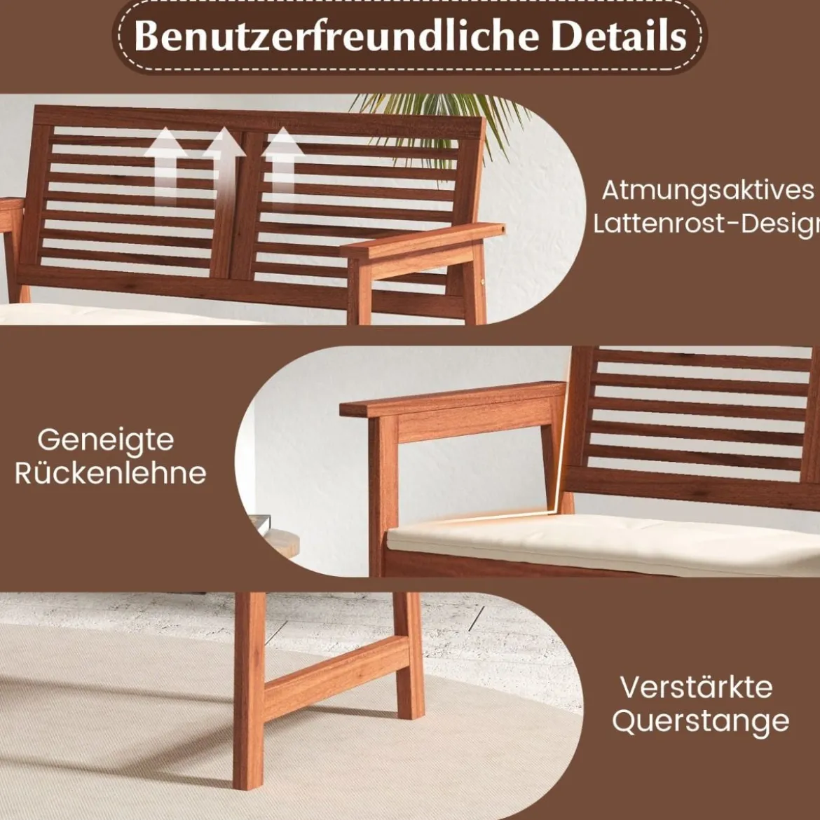 Holz Gartenbank mit Kissen & Rückenlehne 2-Sitzer Parkbank Sitzbank 111 x 62,5 x 81 cm für Terrasse