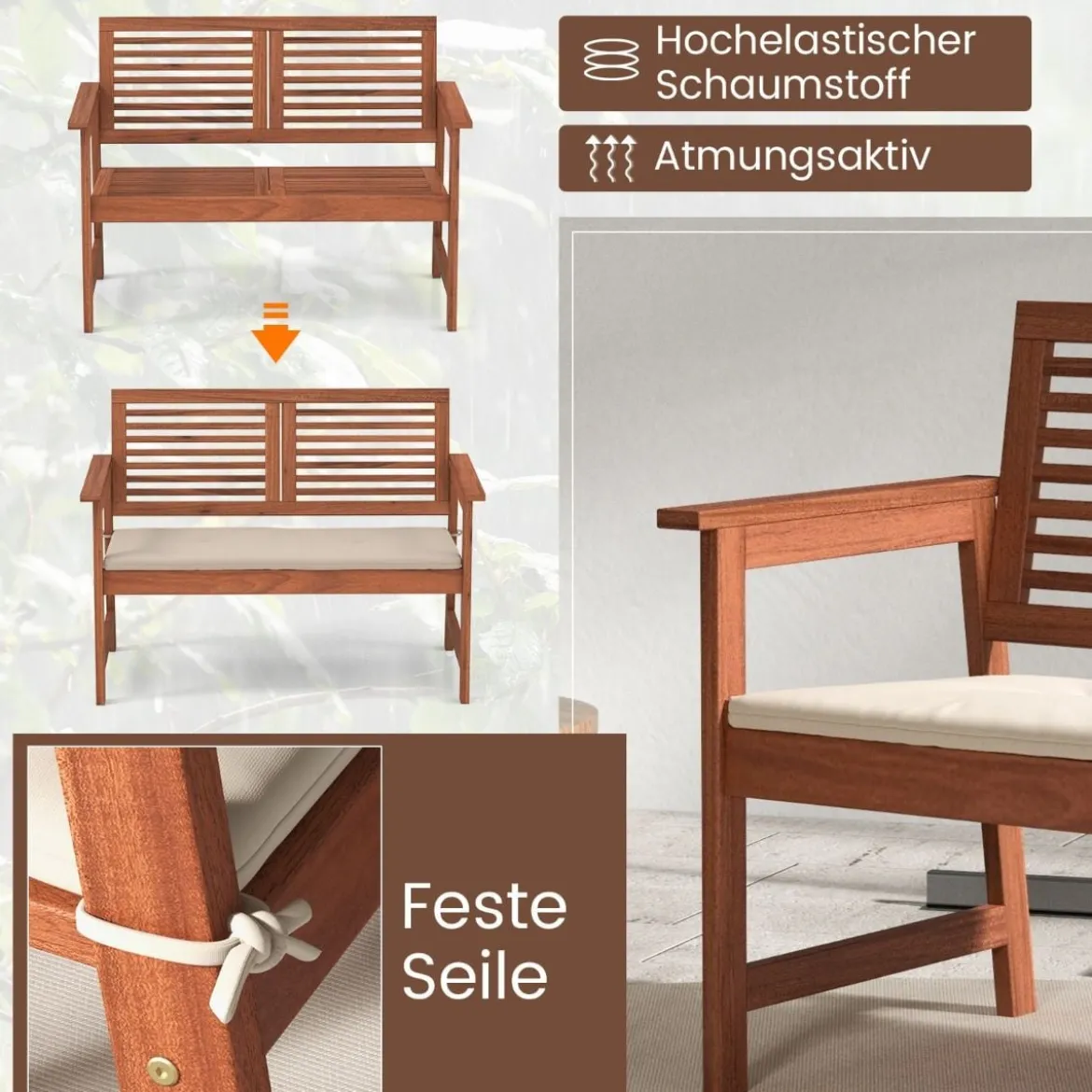 Holz Gartenbank mit Kissen & Rückenlehne 2-Sitzer Parkbank Sitzbank 111 x 62,5 x 81 cm für Terrasse