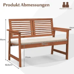 Holz Gartenbank mit Kissen & Rückenlehne 2-Sitzer Parkbank Sitzbank 111 x 62,5 x 81 cm für Terrasse