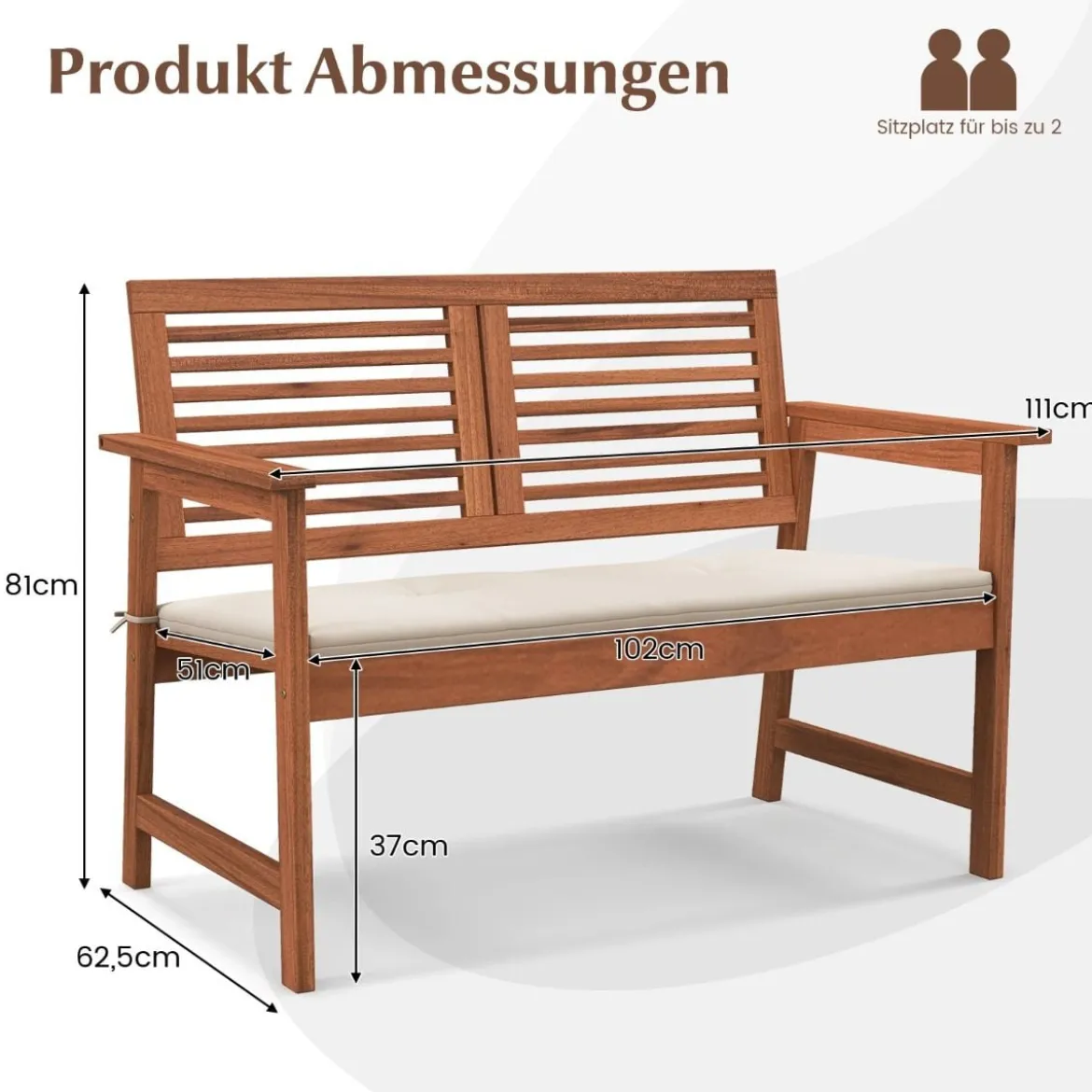Holz Gartenbank mit Kissen & Rückenlehne 2-Sitzer Parkbank Sitzbank 111 x 62,5 x 81 cm für Terrasse