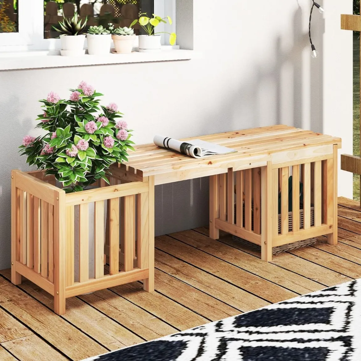 Holz Gartenbank mit Pflanzkasten Holzbank mit 2 seitlichen Blumenkästen 2-Sitzer Sitzbank