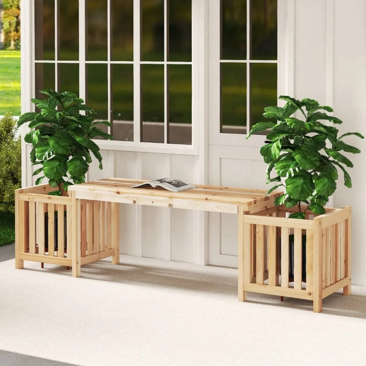 Holz Gartenbank mit Pflanzkasten Holzbank mit 2 seitlichen Blumenkästen 2-Sitzer Sitzbank