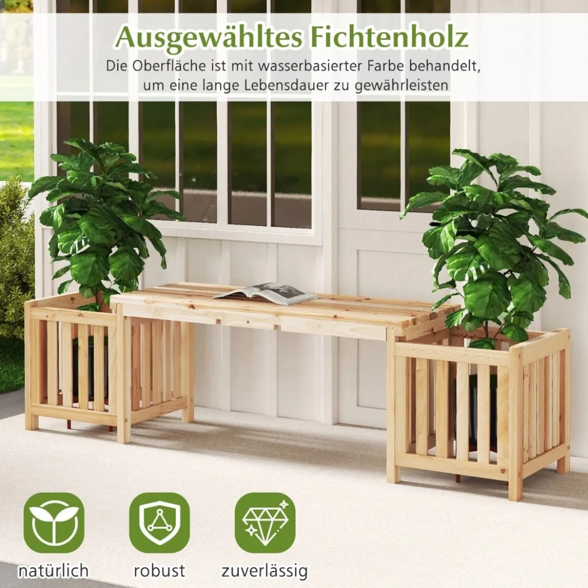 Holz Gartenbank mit Pflanzkasten Holzbank mit 2 seitlichen Blumenkästen 2-Sitzer Sitzbank
