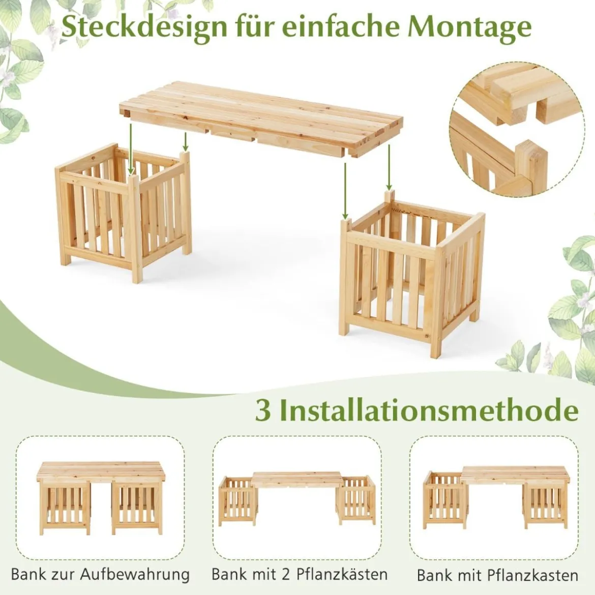 Holz Gartenbank mit Pflanzkasten Holzbank mit 2 seitlichen Blumenkästen 2-Sitzer Sitzbank