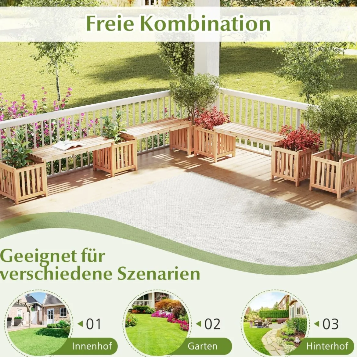 Holz Gartenbank mit Pflanzkasten Holzbank mit 2 seitlichen Blumenkästen 2-Sitzer Sitzbank
