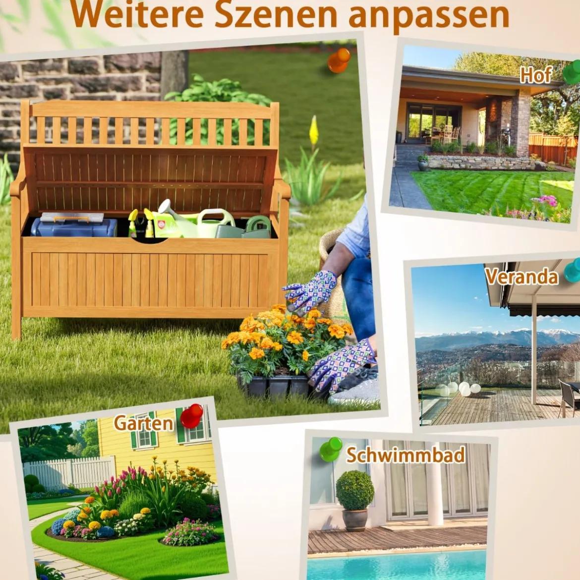 Holz Gartenbank mit Stauraum für 2-Sitzer bis 360kg Belastbar Holzbank Balkonbank Sitzbank