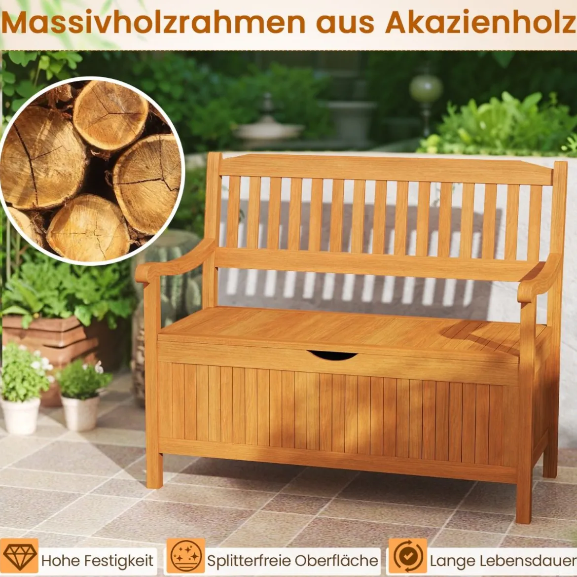 Holz Gartenbank mit Stauraum für 2-Sitzer bis 360kg Belastbar Holzbank Balkonbank Sitzbank