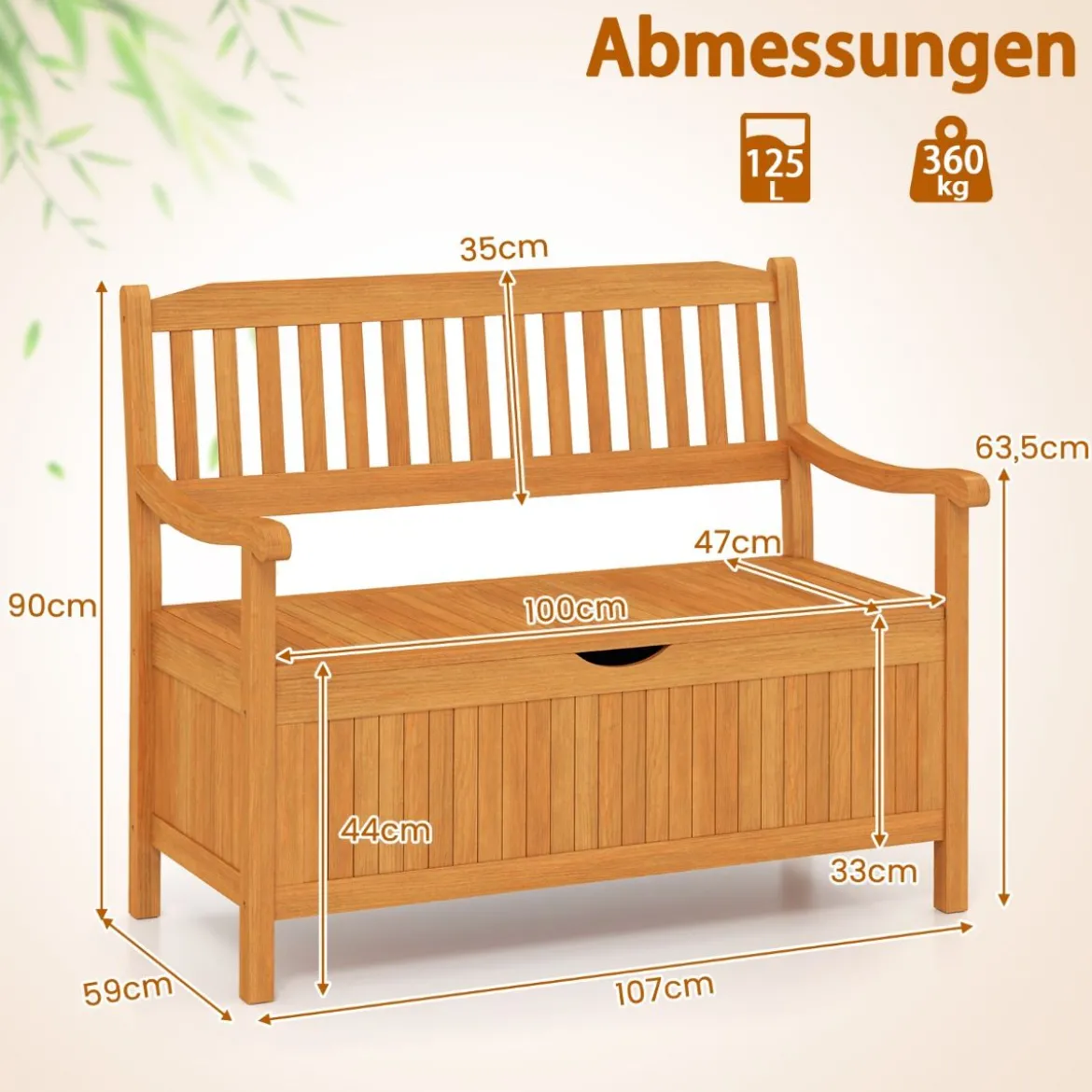 Holz Gartenbank mit Stauraum für 2-Sitzer bis 360kg Belastbar Holzbank Balkonbank Sitzbank