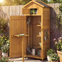 Holz Gartenschrank mit Abschließbarer Scheunentür & Klappbarer Seitentisch & Herausnehmbare Regale