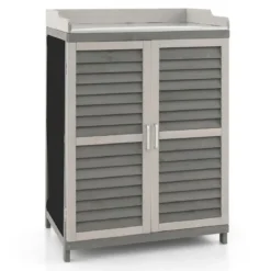 Holz Gartenschrank mit Metall-Platte & 2 Lagerregalen & aufrollbaren Türen Grau