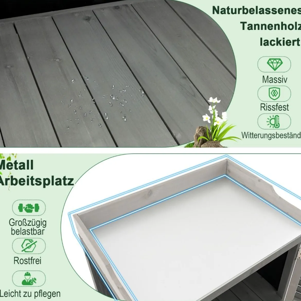 Holz Gartenschrank mit Metall-Platte & 2 Lagerregalen & aufrollbaren Türen Grau