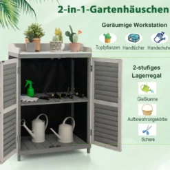 Holz Gartenschrank mit Metall-Platte & 2 Lagerregalen & aufrollbaren Türen Grau
