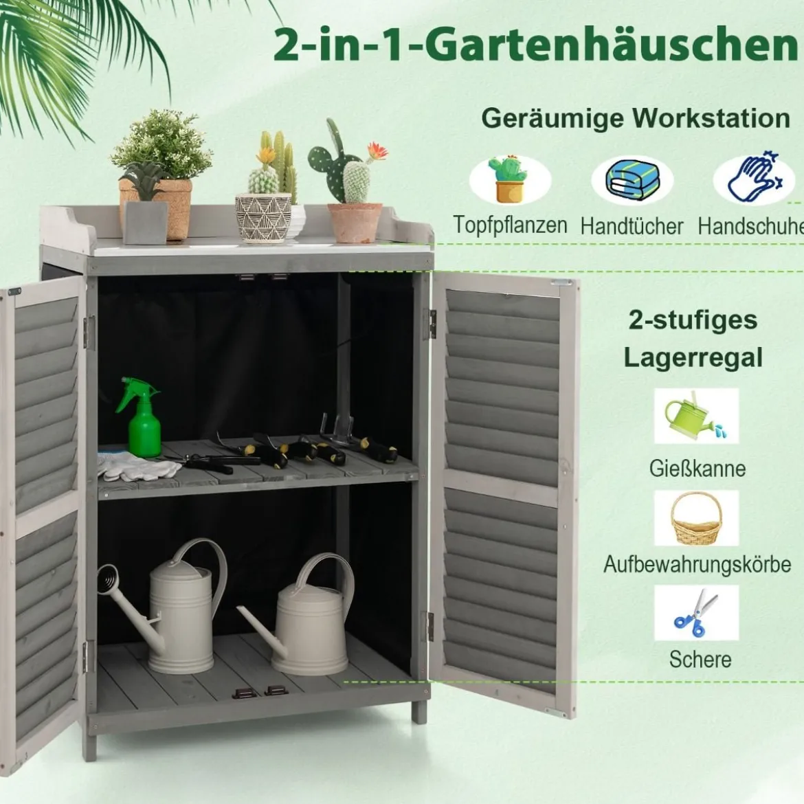 Holz Gartenschrank mit Metall-Platte & 2 Lagerregalen & aufrollbaren Türen Grau