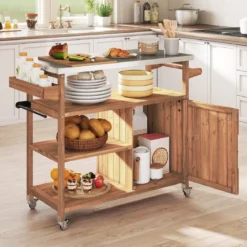 Holz-Grillwagen mit Stauraum Outdoor-Kücheninsel mit Edelstahlarbeitsplatte 3 offene Regalfächer Natur