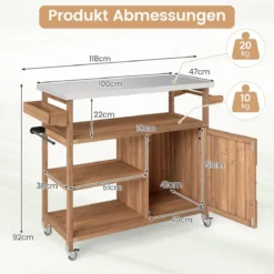Holz-Grillwagen mit Stauraum Outdoor-Kücheninsel mit Edelstahlarbeitsplatte 3 offene Regalfächer Natur