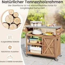 Holz-Grillwagen mit Stauraum Outdoor-Kücheninsel mit Edelstahlarbeitsplatte 3 offene Regalfächer Natur