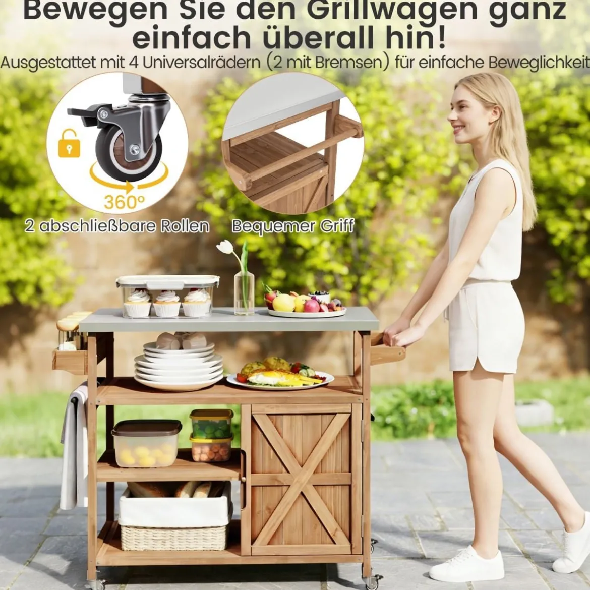 Holz-Grillwagen mit Stauraum Outdoor-Kücheninsel mit Edelstahlarbeitsplatte 3 offene Regalfächer Natur