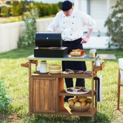 Holz-Grillwagen mit Stauraum Outdoor-Kücheninsel mit Edelstahlarbeitsplatte 3 offene Regalfächer Natur