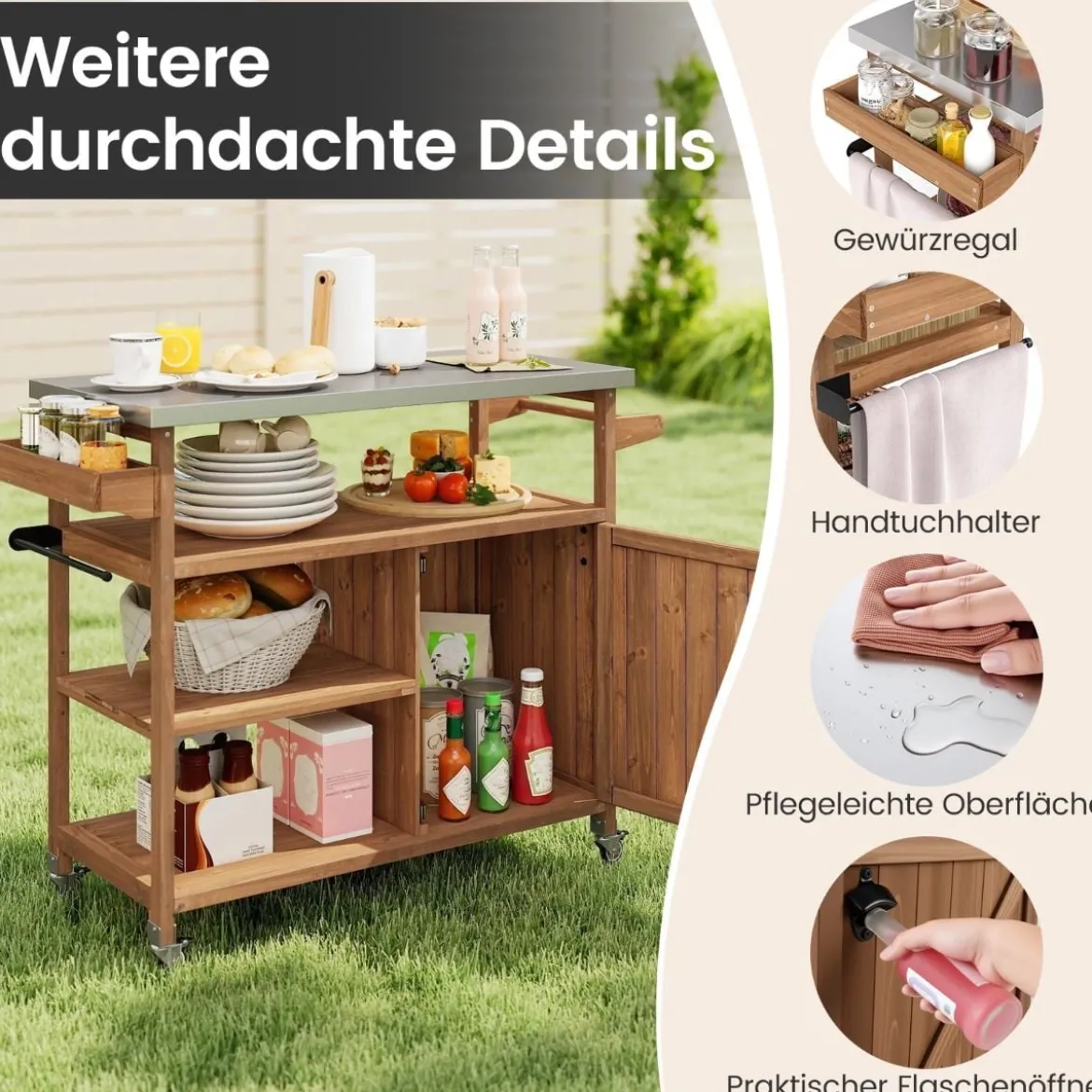 Holz-Grillwagen mit Stauraum Outdoor-Kücheninsel mit Edelstahlarbeitsplatte 3 offene Regalfächer Natur