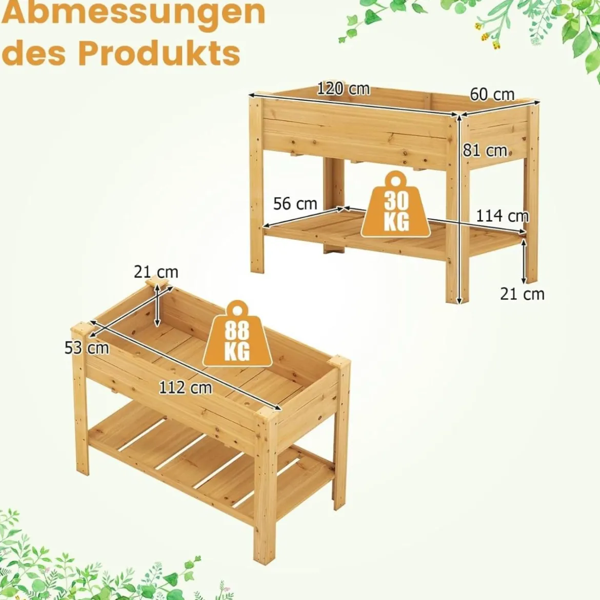 Holz Hochbeet mit Ablage & Entwässerungslöchern Erhöhtes Gartenbeet Pflanzkasten