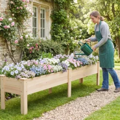 Holz Hochbeet mit Ablauflöchern Pflanzbeet mit 2 Pflanzbereichen Blumenkübel Kräuterbeet Natur