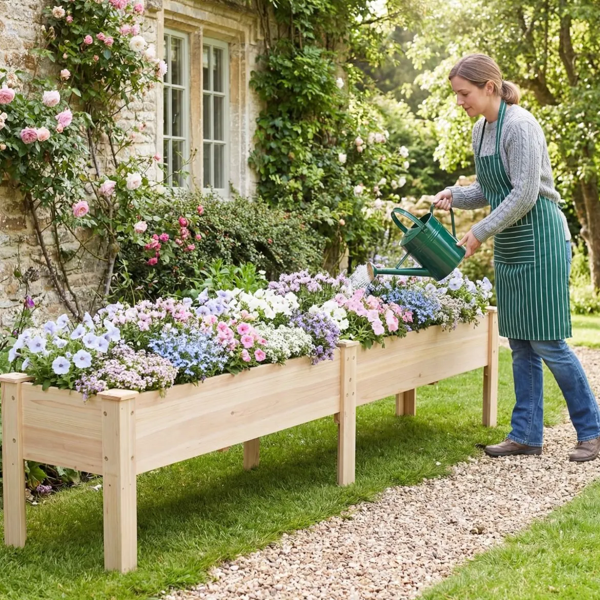 Holz Hochbeet mit Ablauflöchern Pflanzbeet mit 2 Pflanzbereichen Blumenkübel Kräuterbeet Natur