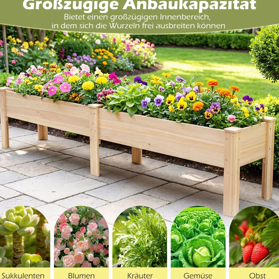 Holz Hochbeet mit Ablauflöchern Pflanzbeet mit 2 Pflanzbereichen Blumenkübel Kräuterbeet Natur