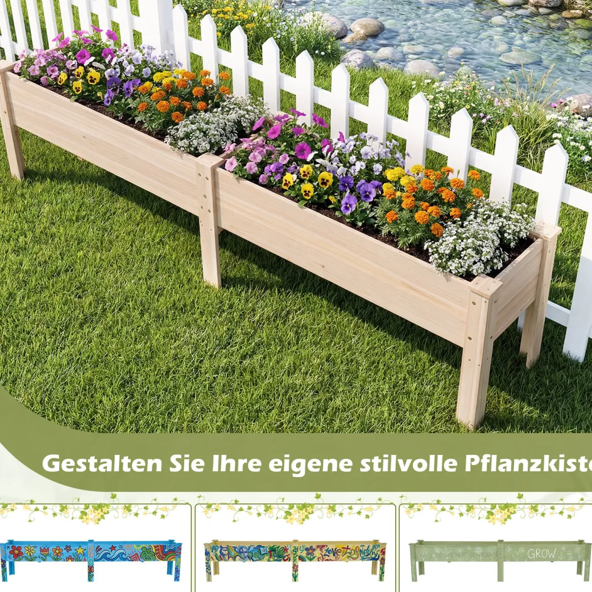 Holz Hochbeet mit Ablauflöchern Pflanzbeet mit 2 Pflanzbereichen Blumenkübel Kräuterbeet Natur